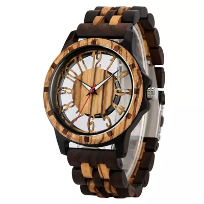 Steampunk Transparent Hollow Dial Wooden Watch Natural Full Wood Band For Men • $41.75