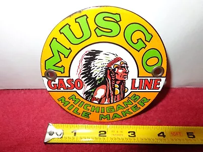 3 7/8 Inch Musgo Gasoline Advertising Sign Die Cut Heavy Metal Porcelain # Z 79 • $79.99