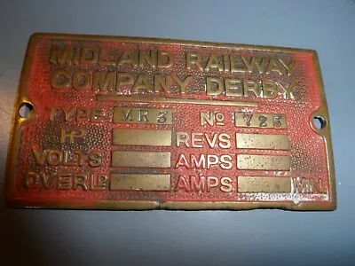MIDLAND RAILWAY COMPANY DERBY METAL SIGN PLAQUE TYPE MR3 No 725 • £9.99
