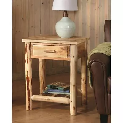 Wood Farmhouse End Table Rustic Cabin Side Drawer Log Nightstand Bedside Natural • $208.25
