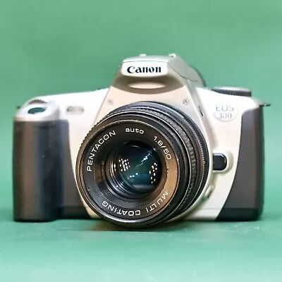 Canon EOS 300 35mm SLR Film Camera   Kit Boxed W: Manual Pentacon 50mm 1.8 Lens • £75