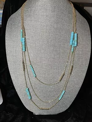 Avon NWT “Golden Mustang” Gold & Turquoise Color Long Necklace Chain • $11.99