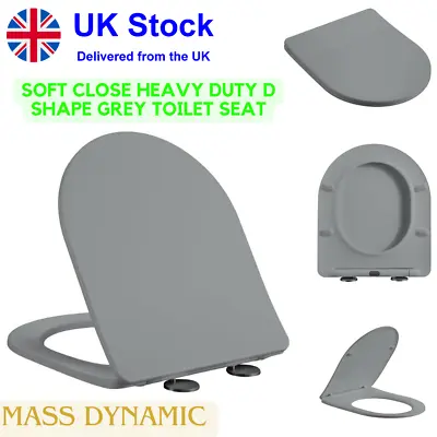 Soft Close Heavy Duty D Shape Grey Toilet Seat 1 Button Quick Release Cleaning • £27.95