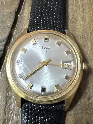 Vintage! Men’s ELGIN 17 Watch Cool Indices Gold With Black Leather Band Working • $29.99
