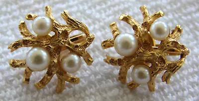 1 Vintage Pair Trifari Gold Tone With Faux Pearl Clusters Clip On Earrings • $6.99