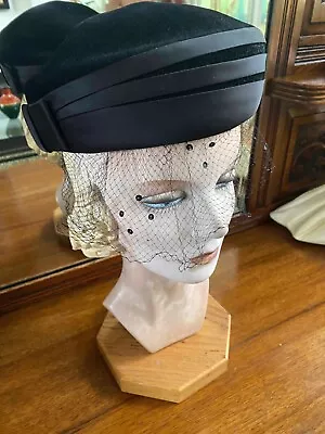 VTG Women Hat Black Velvet Pill Box Bow Veil Face Netting 1950s Hollywood • $34.99