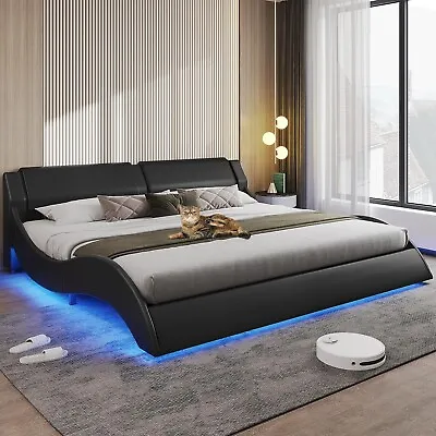Queen Bed Frame With LED Lights Modern Bed Black W/Leather Upholstered Platform • $269.97