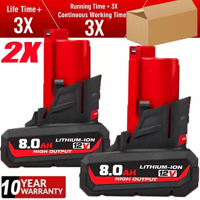 £31.98 • Buy 2x For Milwaukee M12 12V 8.0Ah Battery M12B3 M12B2 M12 48-11-2401 48-11-2460