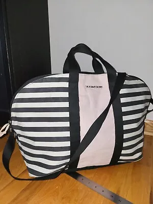 Victoria's Secret Carry On Travel Overnight Duffel Bag Pink Black Striped Gym • $18.99