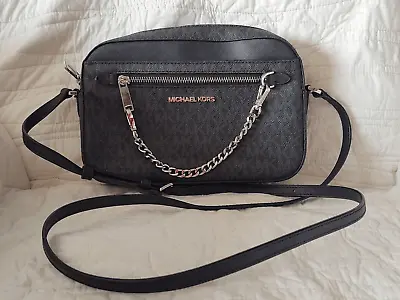 EUC Michael Kors Jet Set Black Monogram Leather Box Crossbody Shoulder Bag Purse • $63