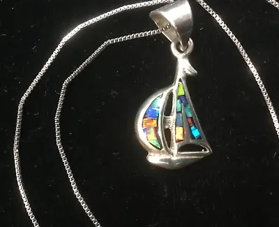 950 Sterling Silver Fire Opal Inlay Sailboat With Sterling Silver Chain • $29.99