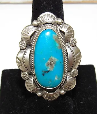 Navajo Morenci Turquoise Statement Ring Sz 7.5 Sterling Silver Signed • $153.45