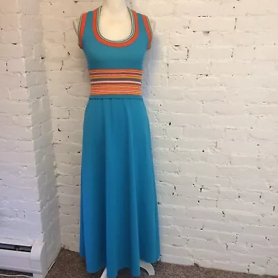 JC Penney VTG 70s Racerback Maxi Dress Blue Orange Stripe Size Small • $95