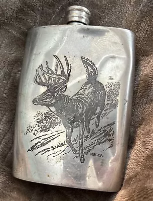 Deer English Pewter Flask Liquor 8 Oz Vintage Sheffield England Wood Meger • $19