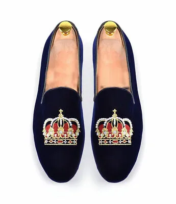 Handmade Men Blue Velvet Slippers Crown Embroidery Suede Leather Loafers Shoes • £129.99