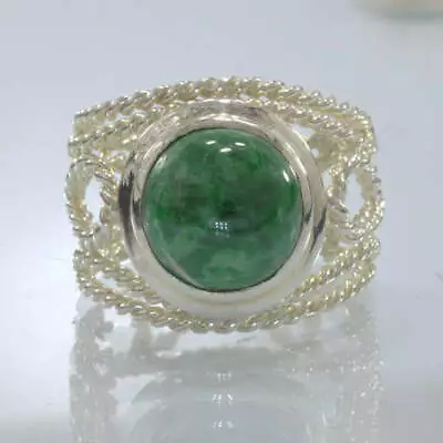 Burma Mawsitsit Green Cabochon Handmade Silver Ring Size 10.5 Filigree Design 86 • $125