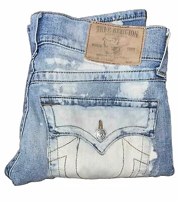 True Religion Jeans Mens 31 Straight Flap Pockets Faded Ripped Bleached Denim • $60