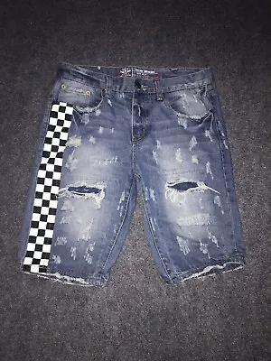 Vintage Americana Shorts Jean Distressed Size 34 Checkered Pockets Long Length • $22.88