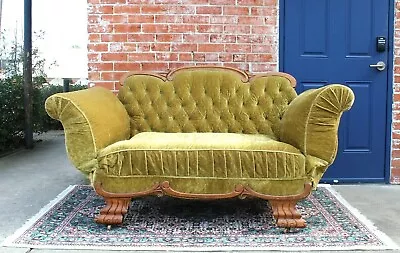 American Antique Oak Bench / Sofa / Daybed W. Goldish Green Yellow Upholstery • $1800