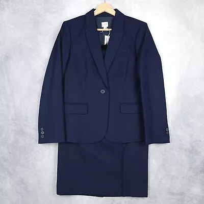 J Crew Blazer Suit Set Womens 8 Blue Cotton Single Button Jacket Skirt Set • $69.88