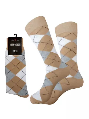 One Pair Argyle Socks Men's Dress Socks Beige Mocha Gray True To Size 10-13 • $9.49