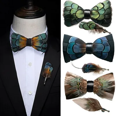 Pre-tied Feather Bow Ties For Men Handmade Bowtie Brooch Sets For Wedding Dating • $17.99