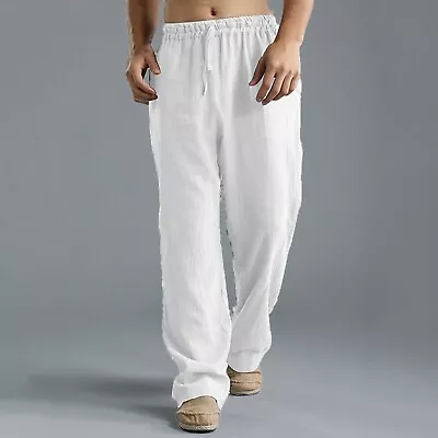 Mens Cotton Linen Pants Drawstring Loose Baggy Elasticated Beach Lounge Trousers • $29.39