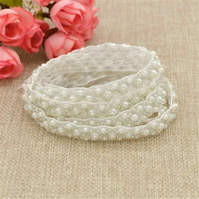 Sewing Applique Pearls Beaded Lace Trim Ribbon Wedding Chain Dress Craft Decor • £5.51