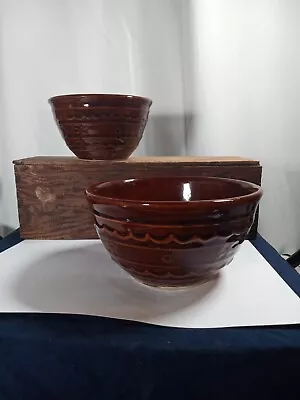 Set Of 2 MARCREST Daisy Dot NESTING MIXING BOWLS 5  & 6   STONEWARE BROWN • $25