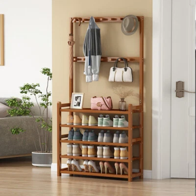 $61.92 • Buy Bamboo Hall Tree Hat And Coat Stand Hallway Shoe Rack Bench W/ Shelves & 8 Hooks