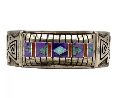 Vintage Abraham Begay Multi-Stone Inlay Sterling Silver Cuff Bracelet • $112.50