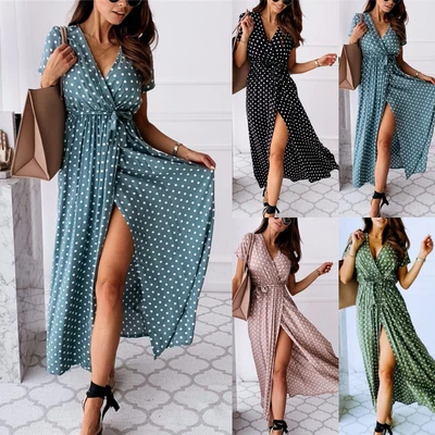 £9.79 • Buy UK Womens Summer V Neck Polka Dot Dress Ladies Evening Party Long Maxi Dresses