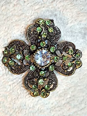 Vintage Maltese Cross Green Rhinestone 1.5  Pin Brooch • $9.95