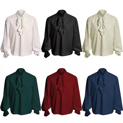 Mens Gothic Long Puff Sleeves Blouse Victorian Medieval Ruffle Collar Shirt Tops • £5.20