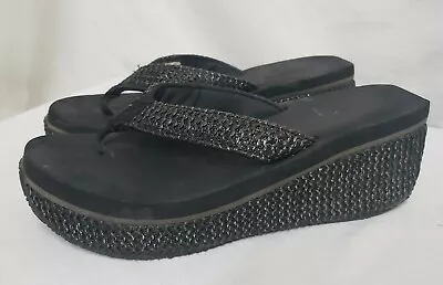 Volatile Womens Comfort Wedge Woven Thong Slide Platform Sandals Sz 9  Blk/gray • $32.11