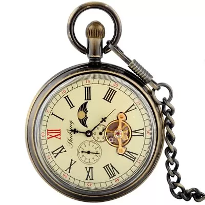 £34.78 • Buy Bronze Vintage Moon Phase Tourbillon Mechanical Pocket Watch Chain Fob Open Face