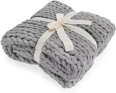 Grey Knitted Blanket Sofa Throw Bedspread Coarse Cable Knit Wool Blanket Grey • £34.99