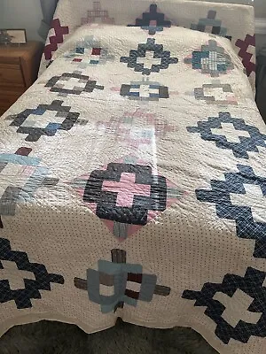VINTAGE FEED SACK QUILT TOP~ALL HAND PIECED~  LOG CABIN  ~112”x 88”~with BACKING • $199