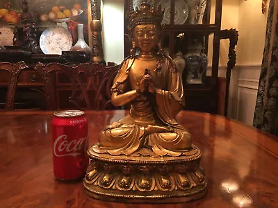 An Excellent Large Chinese Qing Dynasty Gilt Bronze Guanyin Statue Marked.  • $6750