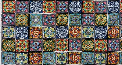 Royal Mexican Talavera Tile Cotton Fabric Panel Fiesta Poblana 23  X 44  • $10.70
