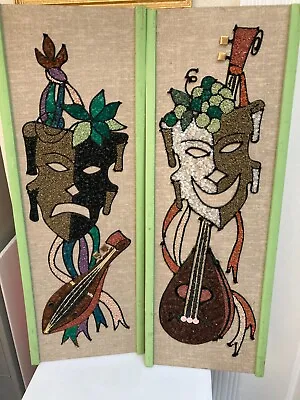 Vintage Mid Century Modern Gravel Mosaic -Comedy And Tragedy Masks  24  X 8 1/2  • $99