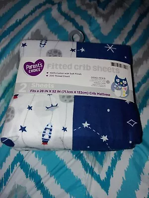 Parents Choice Set Of 2 Fitted Crib Sheets  NEW White Blue • $12