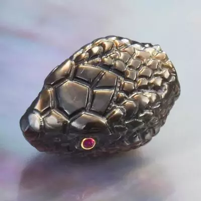 Snake Head Bead Black Mother-of-Pearl Shell Carving & Ruby Gemstone Eyes 3.50 G • $58