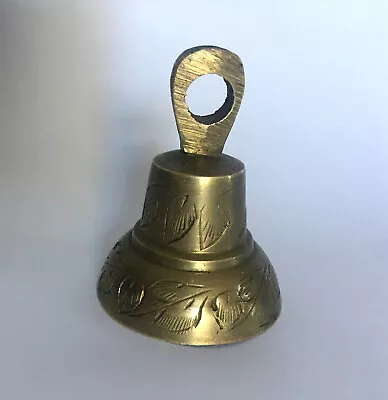 Vintage Miniature Functional Engraved Brass Hand Bell Etched Floral Motif India • $14.99