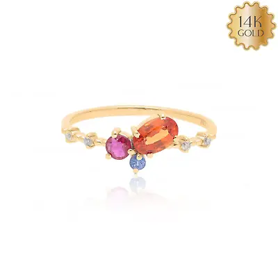 $346.93 • Buy 14K Gold Genuine Diamond Pink Tourmaline Ruby And Blue Sapphire Cluster Ring-8.5