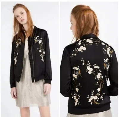 Zara Cherry Blossoms Satin Bomber Sparrow Embroidery Jacket Full Zip Size Medium • $49.95