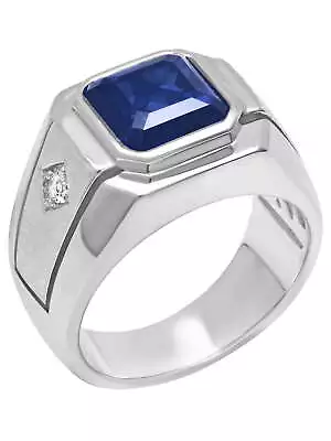 Mens .925 Sterling Silver Square-Cut Blue Sapphire Gemstone Ring • $80.49