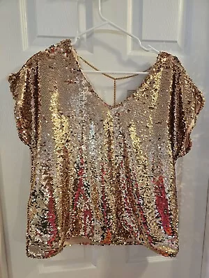 NWOT Lavish Women Sequin Shirt Gold Sz L Short Sleeve Lined • $12.99