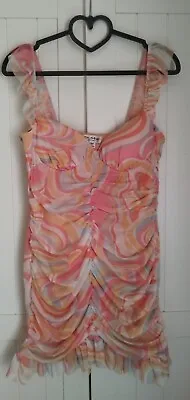 Miss Selfridge Dress Pastel Swirl Ruched Detail Short Size 12 10 NWT • £8.20