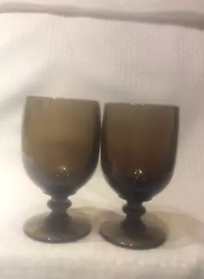 Vintage Unmarked Brown 12 Oz. Goblet Heavy Thick Glass With Wafer Stem Lots Of 2 • $20